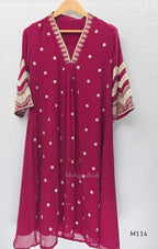 Georgette A-line 3-piece set with gold embroidered neckline, sleeve border, matching dupatta and festive colour options.