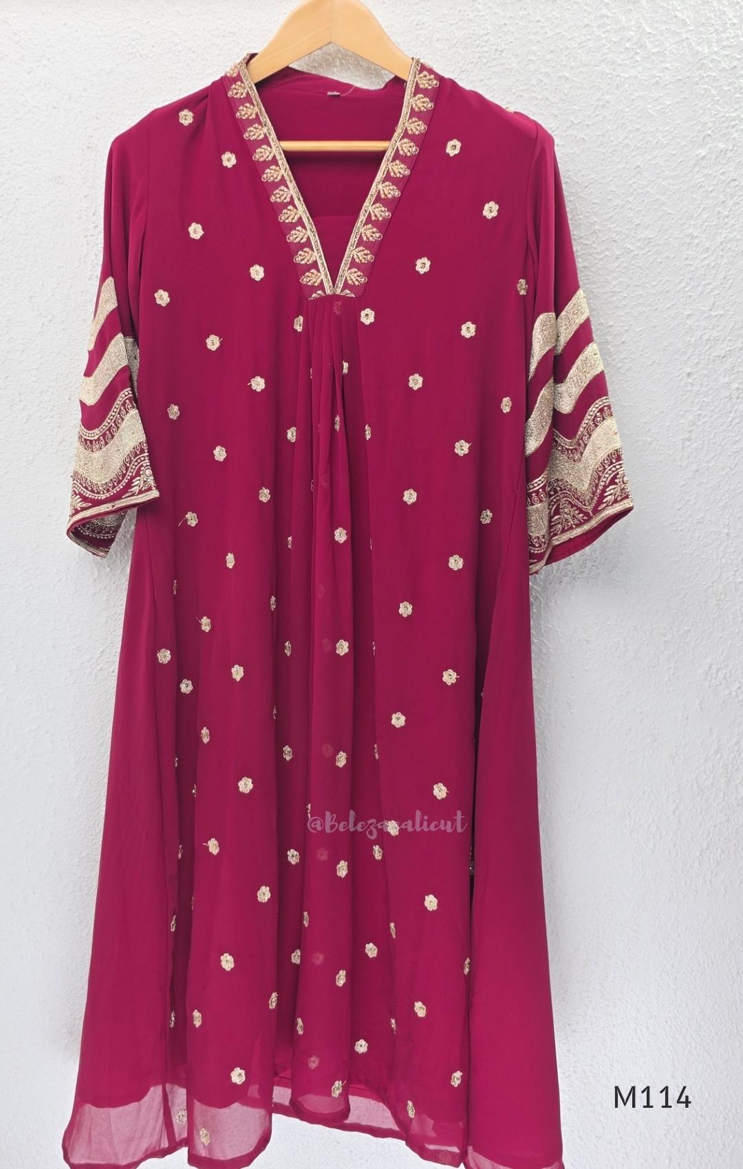 Georgette A-line 3-piece set with gold embroidered neckline, sleeve border, matching dupatta and festive colour options.