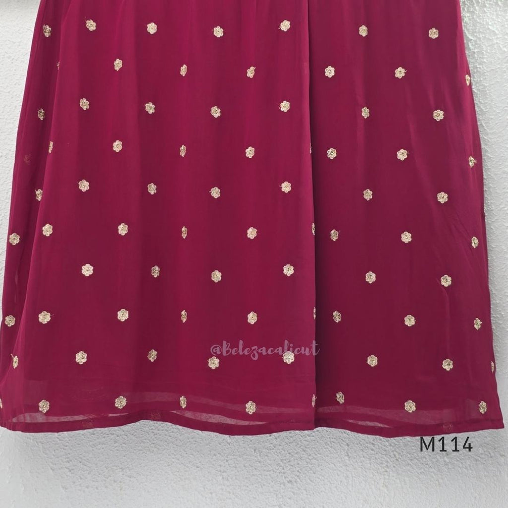 Georgette A-line 3-piece set with gold embroidered neckline, sleeve border, matching dupatta and festive colour options.