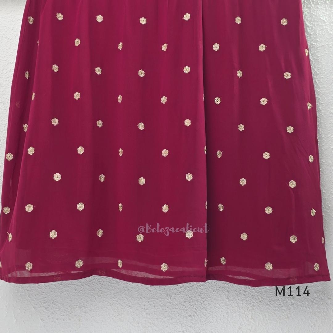Georgette A-line 3-piece set with gold embroidered neckline, sleeve border, matching dupatta and festive colour options.