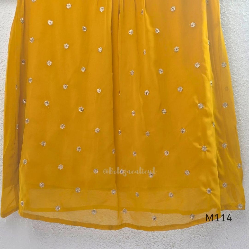 Georgette A-line 3-piece set with gold embroidered neckline, sleeve border, matching dupatta and festive colour options.