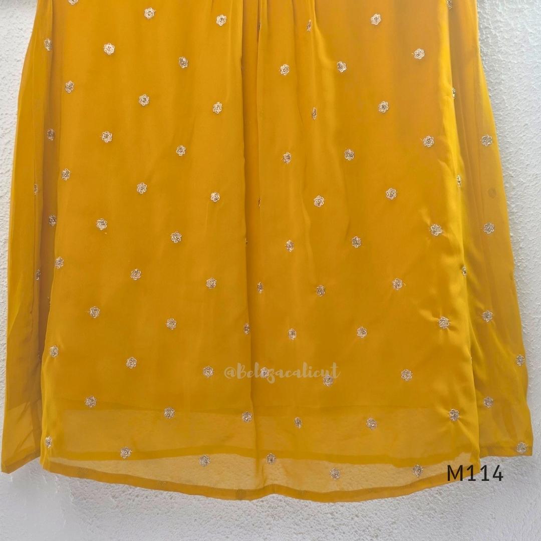 Georgette A-line 3-piece set with gold embroidered neckline, sleeve border, matching dupatta and festive colour options.