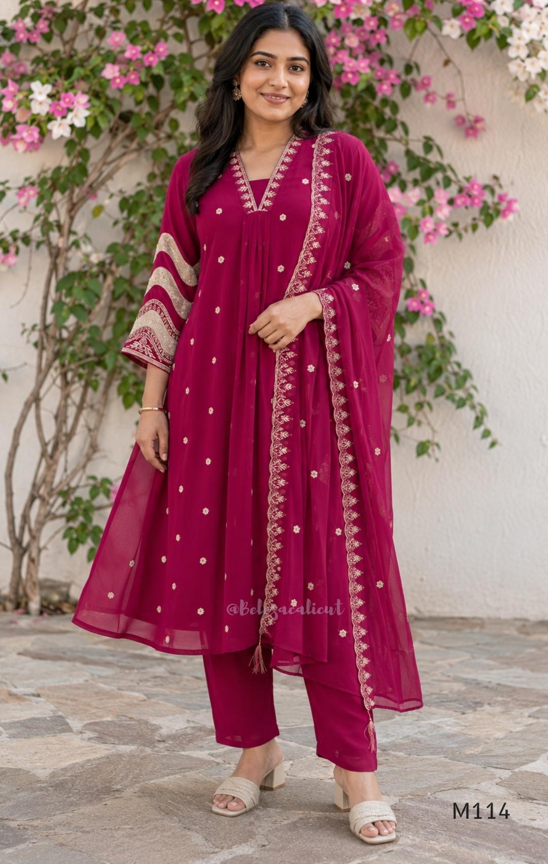 Georgette A-line 3-piece set with gold embroidered neckline, sleeve border, matching dupatta and festive colour options.