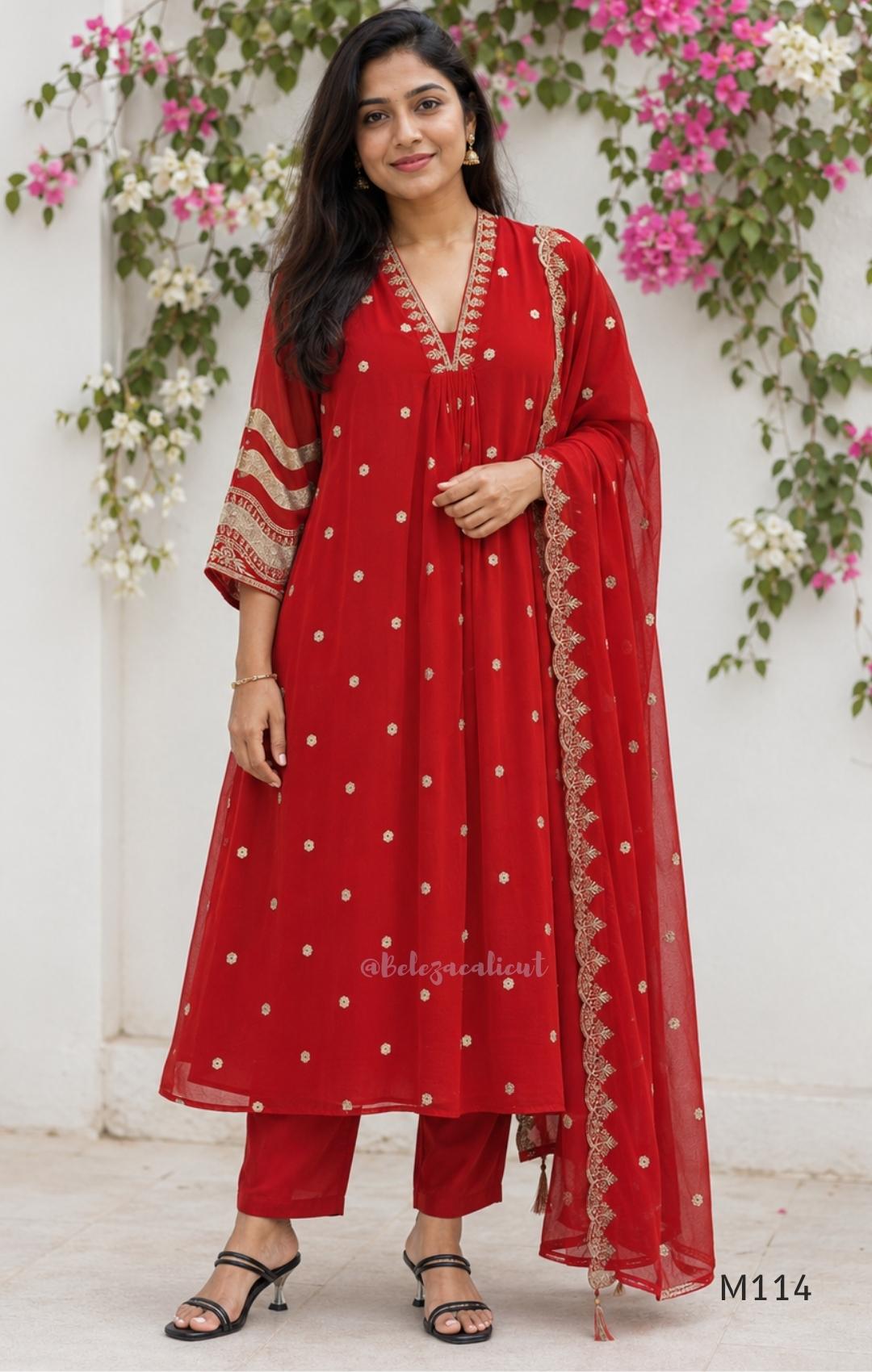 Georgette A-line 3-piece set with gold embroidered neckline, sleeve border, matching dupatta and festive colour options.