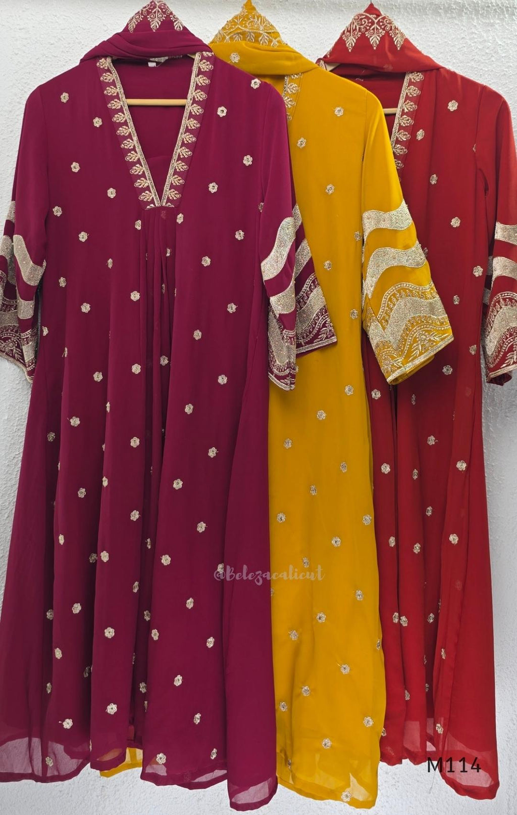 Georgette A-line 3-piece set with gold embroidered neckline, sleeve border, matching dupatta and festive colour options.