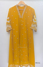 Georgette A-line 3-piece set with gold embroidered neckline, sleeve border, matching dupatta and festive colour options.
