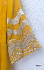 Georgette A-line 3-piece set with gold embroidered neckline, sleeve border, matching dupatta and festive colour options.
