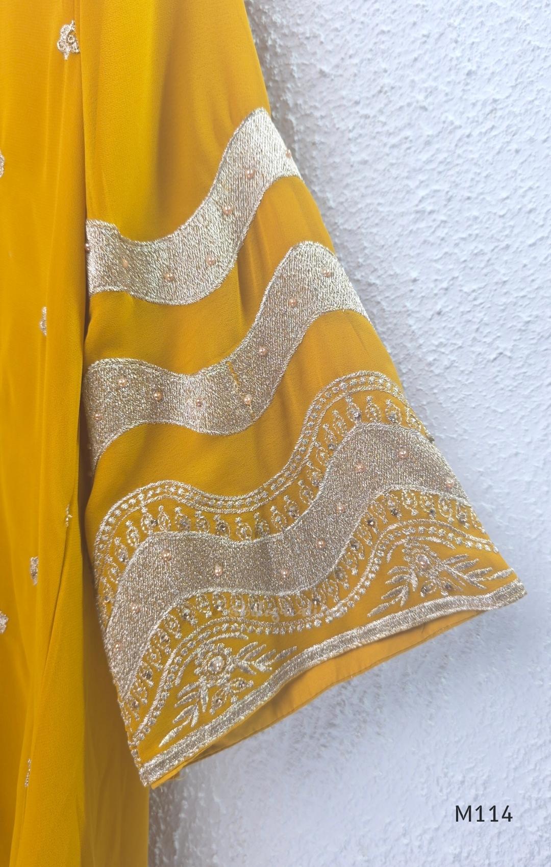 Georgette A-line 3-piece set with gold embroidered neckline, sleeve border, matching dupatta and festive colour options.