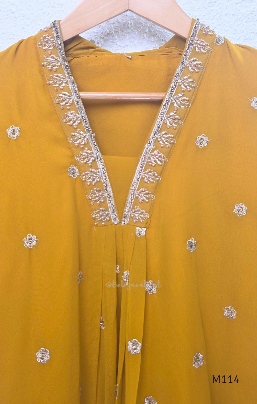 Georgette A-line 3-piece set with gold embroidered neckline, sleeve border, matching dupatta and festive colour options.