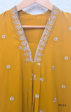 Georgette A-line 3-piece set with gold embroidered neckline, sleeve border, matching dupatta and festive colour options.
