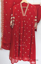 Georgette A-line 3-piece set with gold embroidered neckline, sleeve border, matching dupatta and festive colour options.