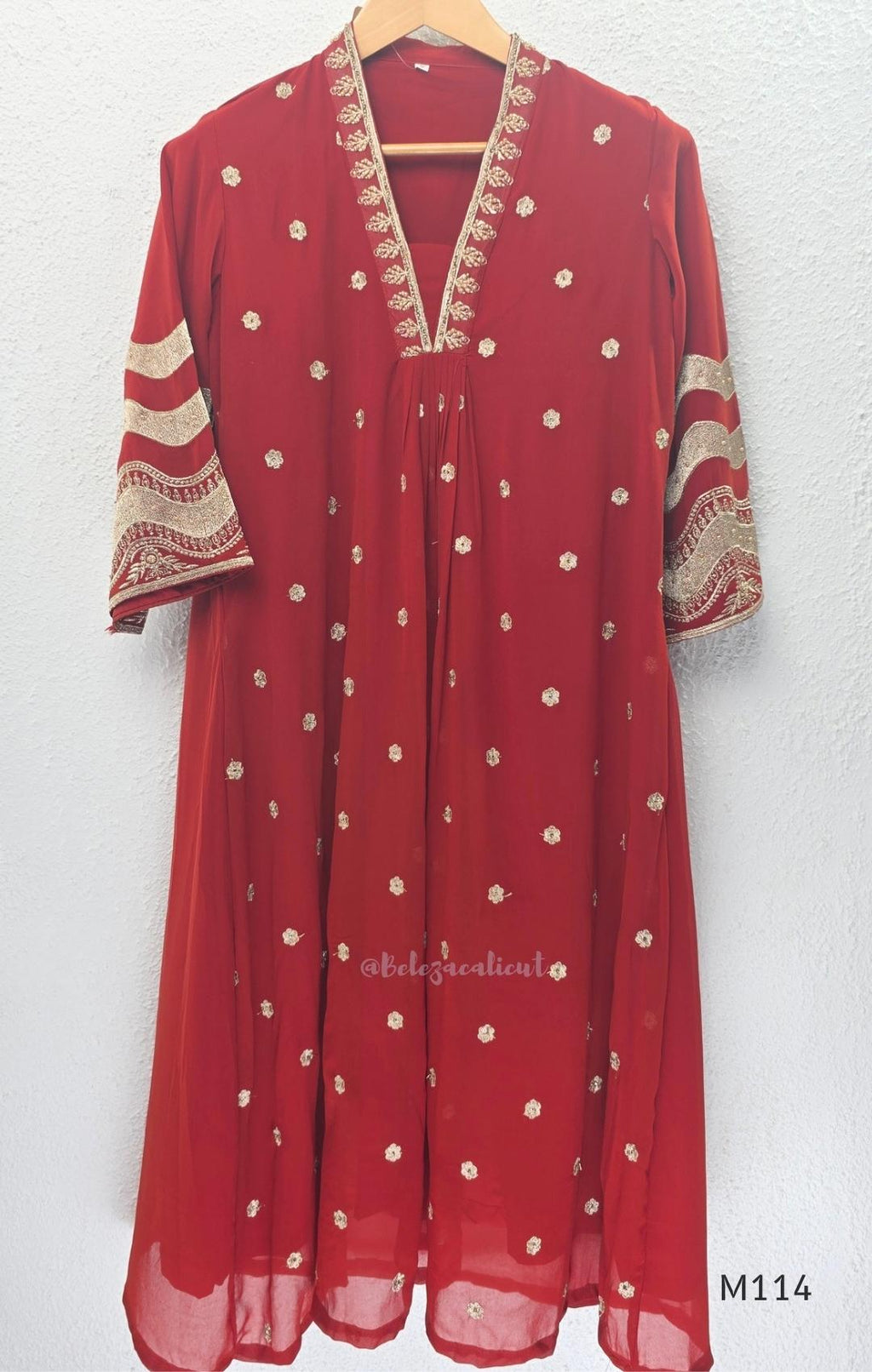 Georgette A-line 3-piece set with gold embroidered neckline, sleeve border, matching dupatta and festive colour options.