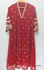 Georgette A-line 3-piece set with gold embroidered neckline, sleeve border, matching dupatta and festive colour options.