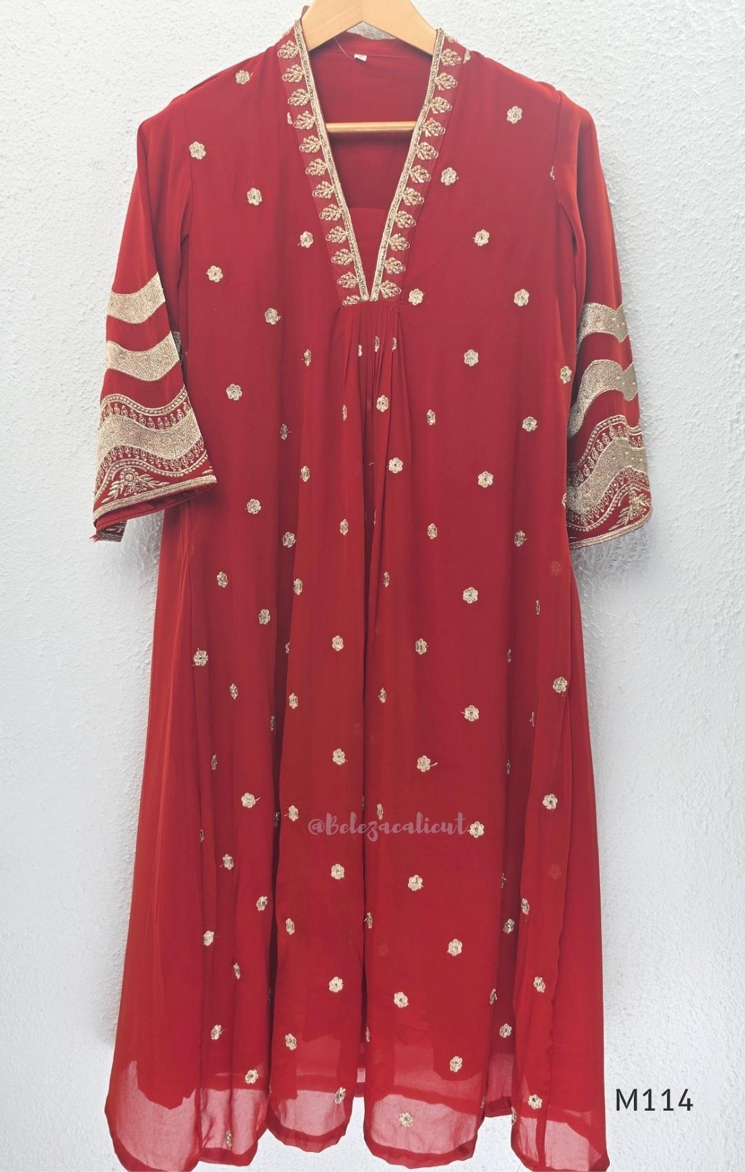 Georgette A-line 3-piece set with gold embroidered neckline, sleeve border, matching dupatta and festive colour options.