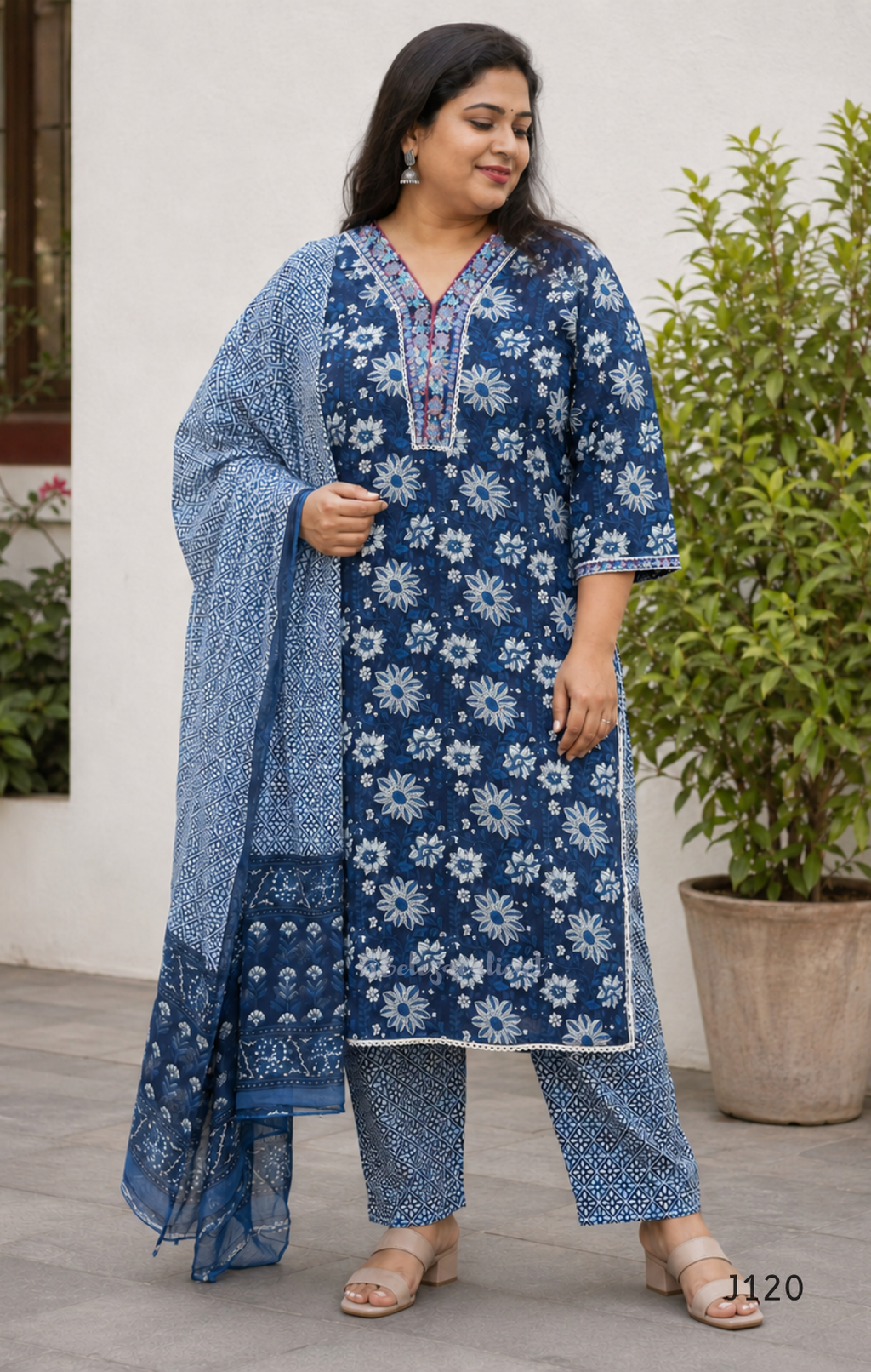 Indigo blue Jaipur cotton 3-piece churidar set with white floral print, embroidered V-neck, printed dupatta and matching printed bottom.