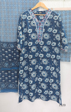 Indigo blue Jaipur cotton 3-piece churidar set with white floral print, embroidered V-neck, printed dupatta and matching printed bottom.