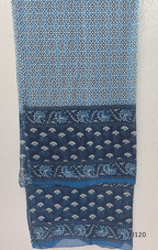 Indigo blue Jaipur cotton 3-piece churidar set with white floral print, embroidered V-neck, printed dupatta and matching printed bottom.