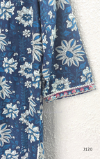 Indigo blue Jaipur cotton 3-piece churidar set with white floral print, embroidered V-neck, printed dupatta and matching printed bottom.