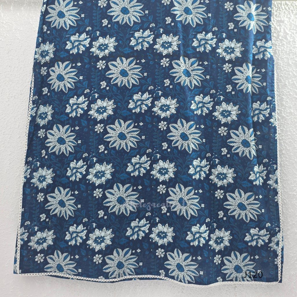 Indigo blue Jaipur cotton 3-piece churidar set with white floral print, embroidered V-neck, printed dupatta and matching printed bottom.