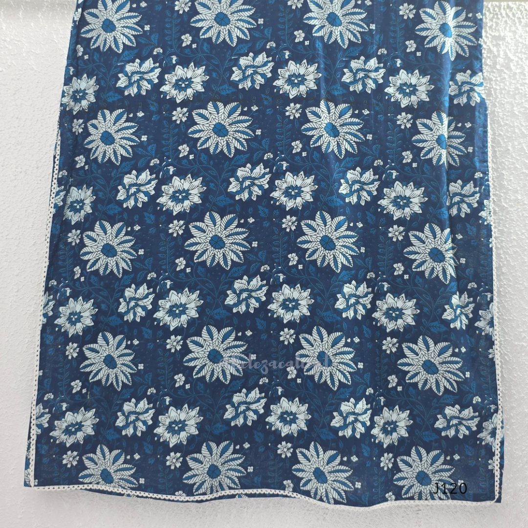 Indigo blue Jaipur cotton 3-piece churidar set with white floral print, embroidered V-neck, printed dupatta and matching printed bottom.