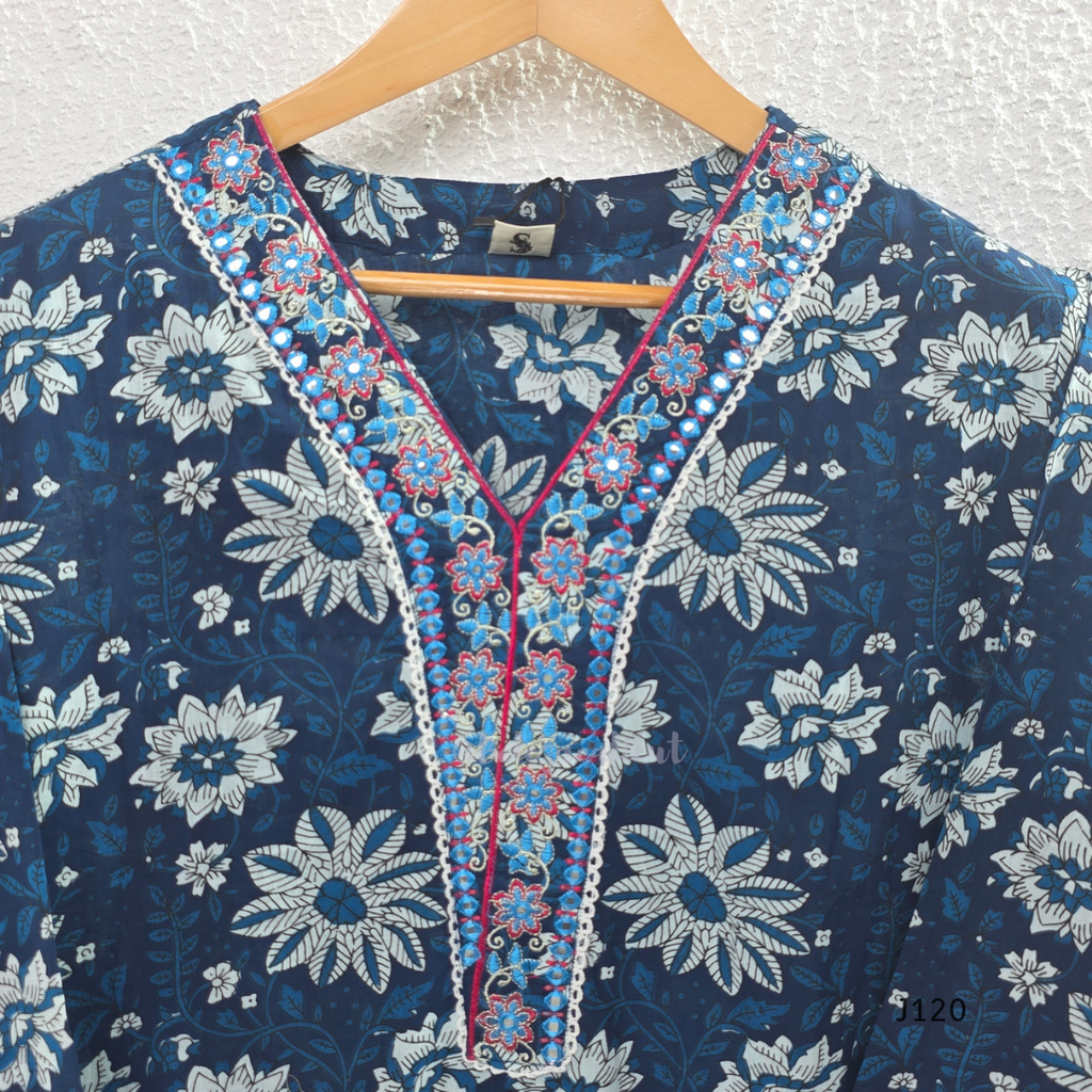 Indigo blue Jaipur cotton 3-piece churidar set with white floral print, embroidered V-neck, printed dupatta and matching printed bottom.