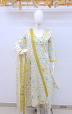  Ivory cotton churidar set with yellow and aqua paisley print and matching dupatta.