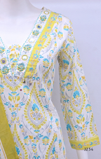  Ivory cotton churidar set with yellow and aqua paisley print and matching dupatta.