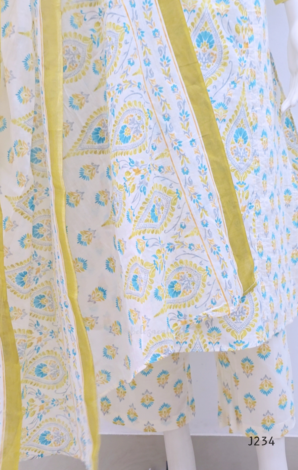  Ivory cotton churidar set with yellow and aqua paisley print and matching dupatta.