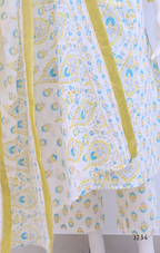  Ivory cotton churidar set with yellow and aqua paisley print and matching dupatta.