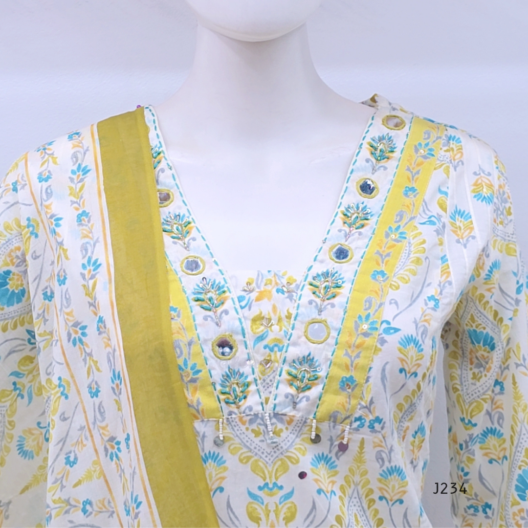  Ivory cotton churidar set with yellow and aqua paisley print and matching dupatta.