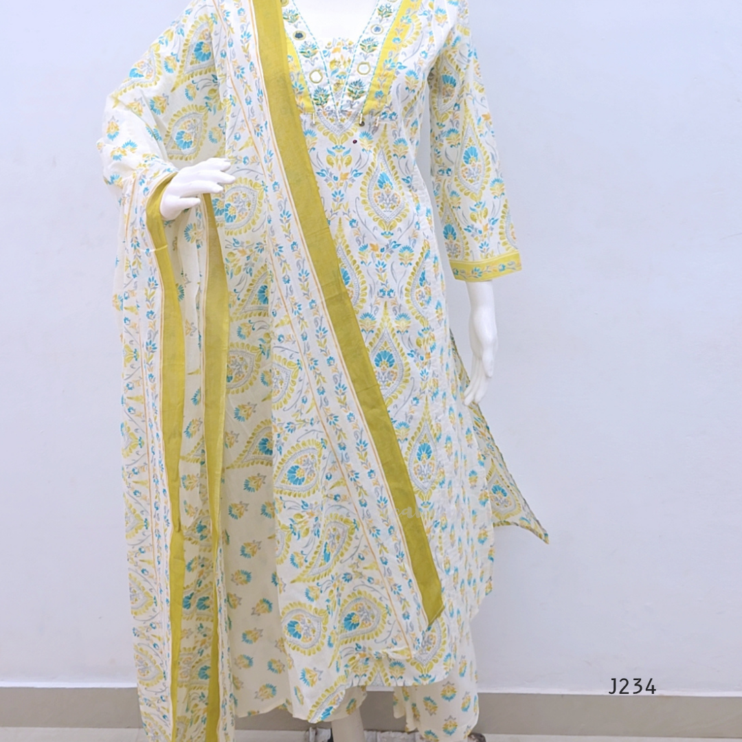  Ivory cotton churidar set with yellow and aqua paisley print and matching dupatta.