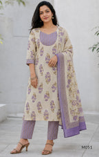 Ivory cotton 3-piece churidar set with dusty lavender floral motifs, contrast printed yoke, matching striped bottom and floral bordered dupatta.