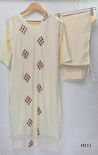 Ivory mul chanderi 2-piece co-ord set with pink-red floral embroidery, V-neck top and matching straight pant.
