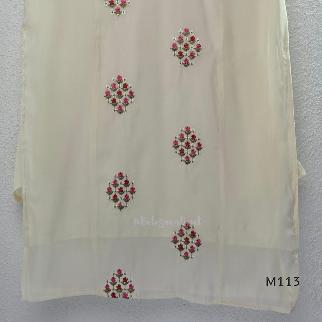 Ivory mul chanderi 2-piece co-ord set with pink-red floral embroidery, V-neck top and matching straight pant.