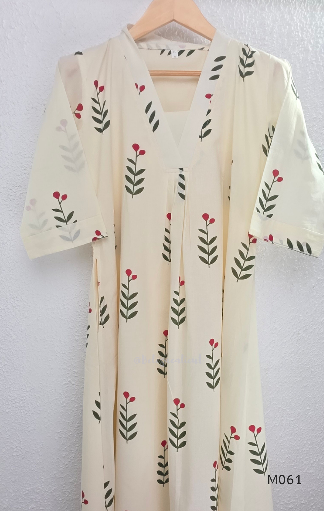 vory cotton lined 2-piece A-line set with green stem and pink blossom print, V-neck, relaxed fit, one pocket.