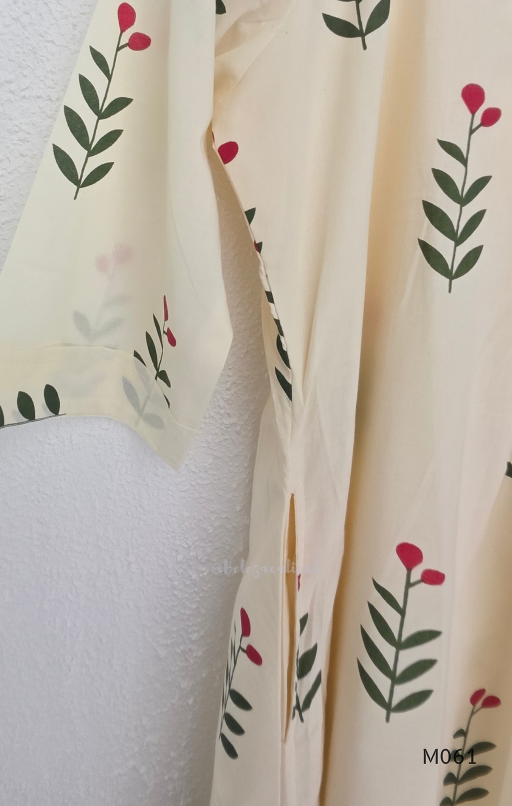 vory cotton lined 2-piece A-line set with green stem and pink blossom print, V-neck, relaxed fit, one pocket.