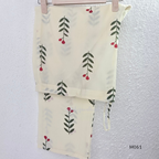 vory cotton lined 2-piece A-line set with green stem and pink blossom print, V-neck, relaxed fit, one pocket.