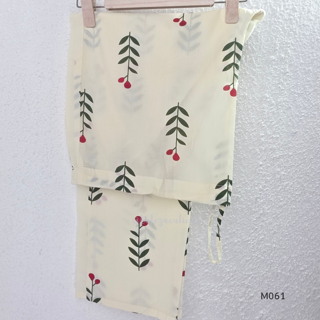 vory cotton lined 2-piece A-line set with green stem and pink blossom print, V-neck, relaxed fit, one pocket.