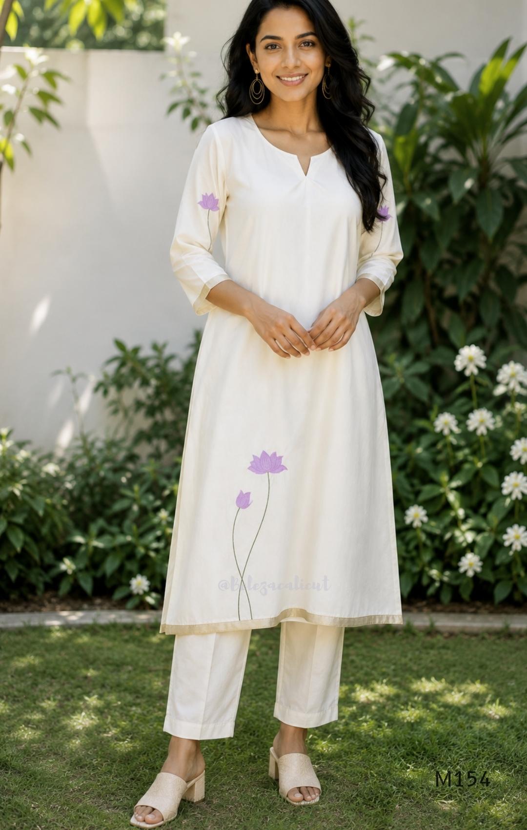Ivory Roman Silk top and bottom coord set with lilac lotus embroidery and gold edging.