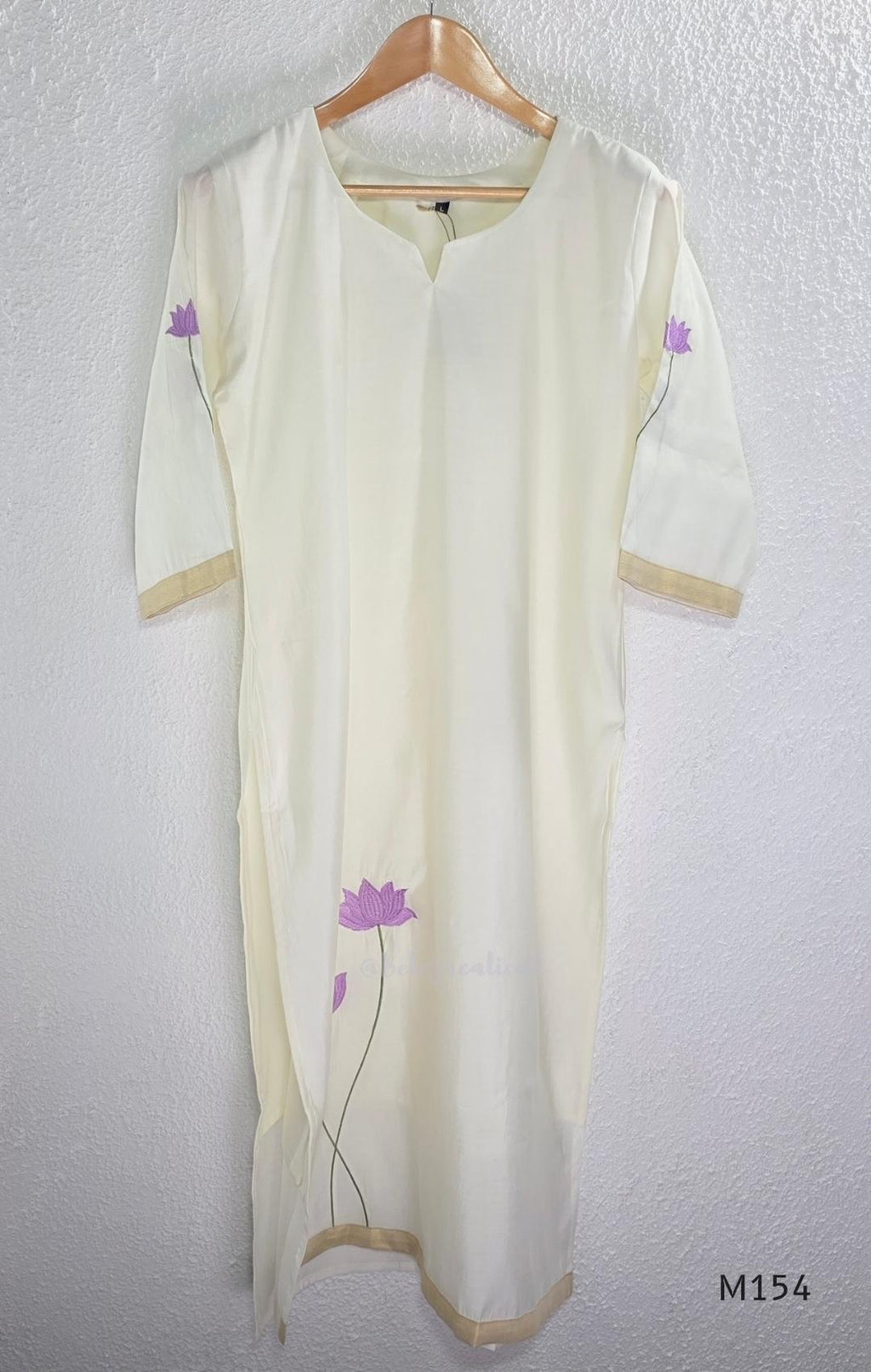 Ivory Roman Silk top and bottom coord set with lilac lotus embroidery and gold edging.