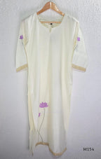 Ivory Roman Silk top and bottom coord set with lilac lotus embroidery and gold edging.