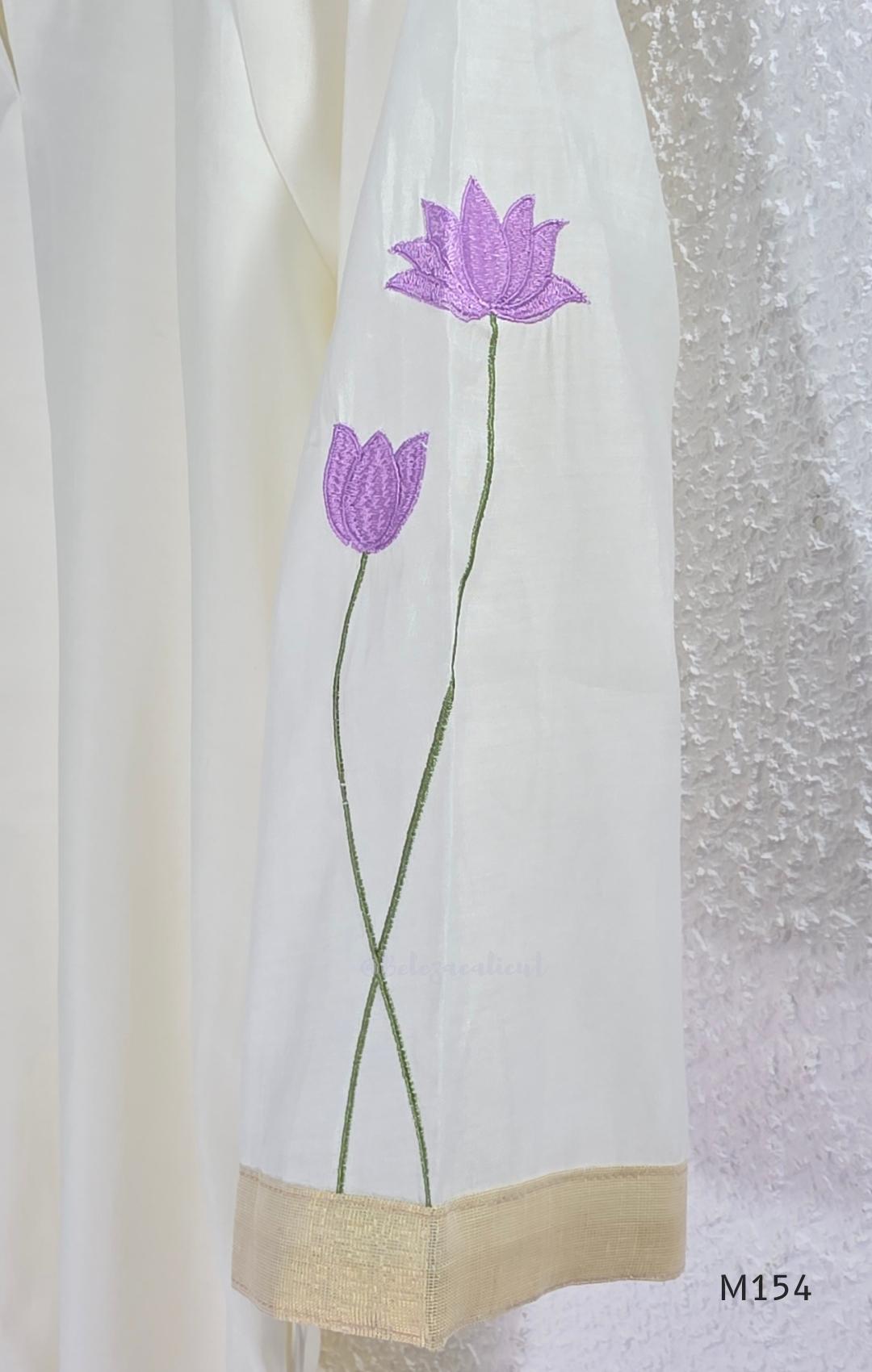 Ivory Roman Silk top and bottom coord set with lilac lotus embroidery and gold edging.