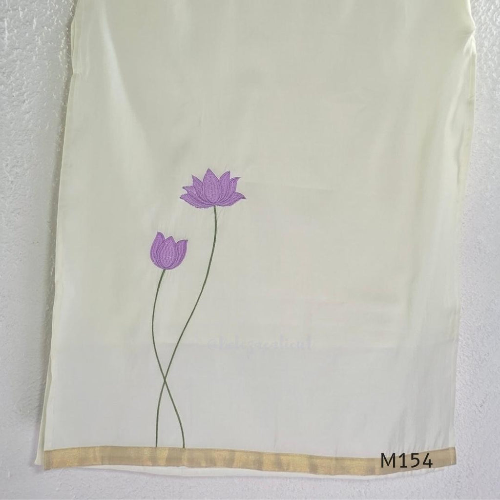 Ivory Roman Silk top and bottom coord set with lilac lotus embroidery and gold edging.