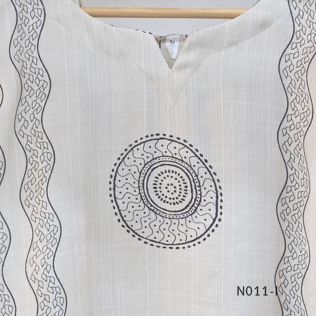 Ivory Vertigan silk co-ord set with dark circular motifs, wavy side-border print and matching straight pants.