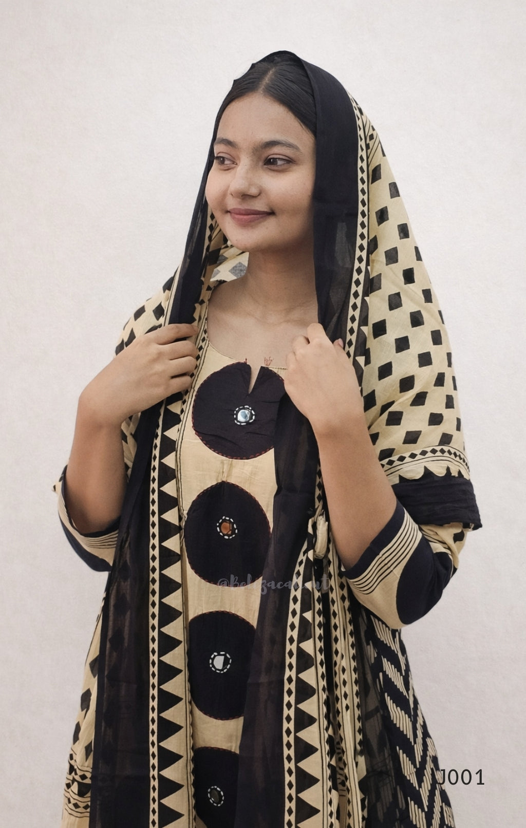 Beige & Black Cotton Printed Straight Kurta Set with Dupatta