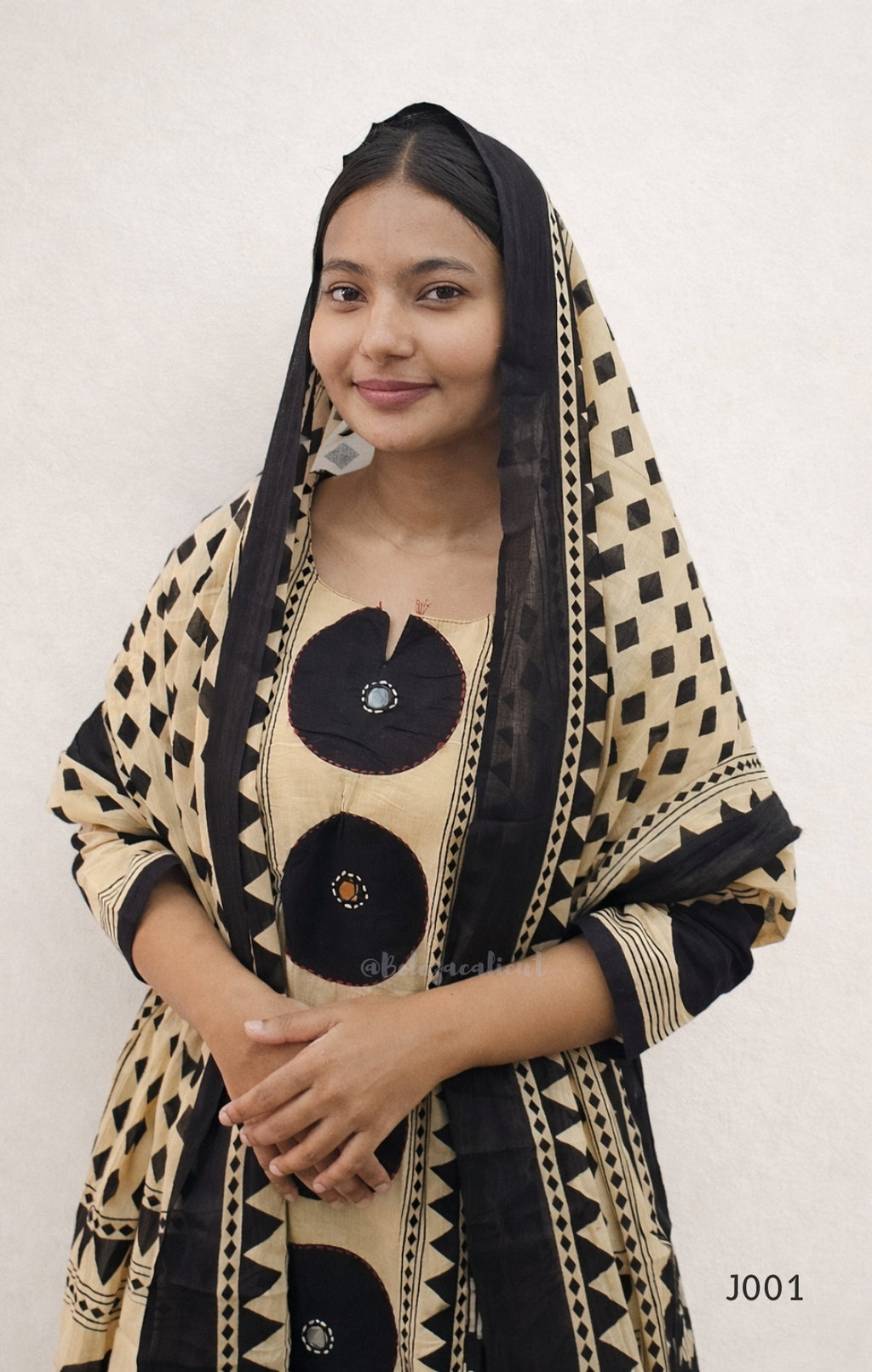Beige & Black Cotton Printed Straight Kurta Set with Dupatta