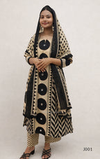 Beige & Black Cotton Printed Straight Kurta Set with Dupatta