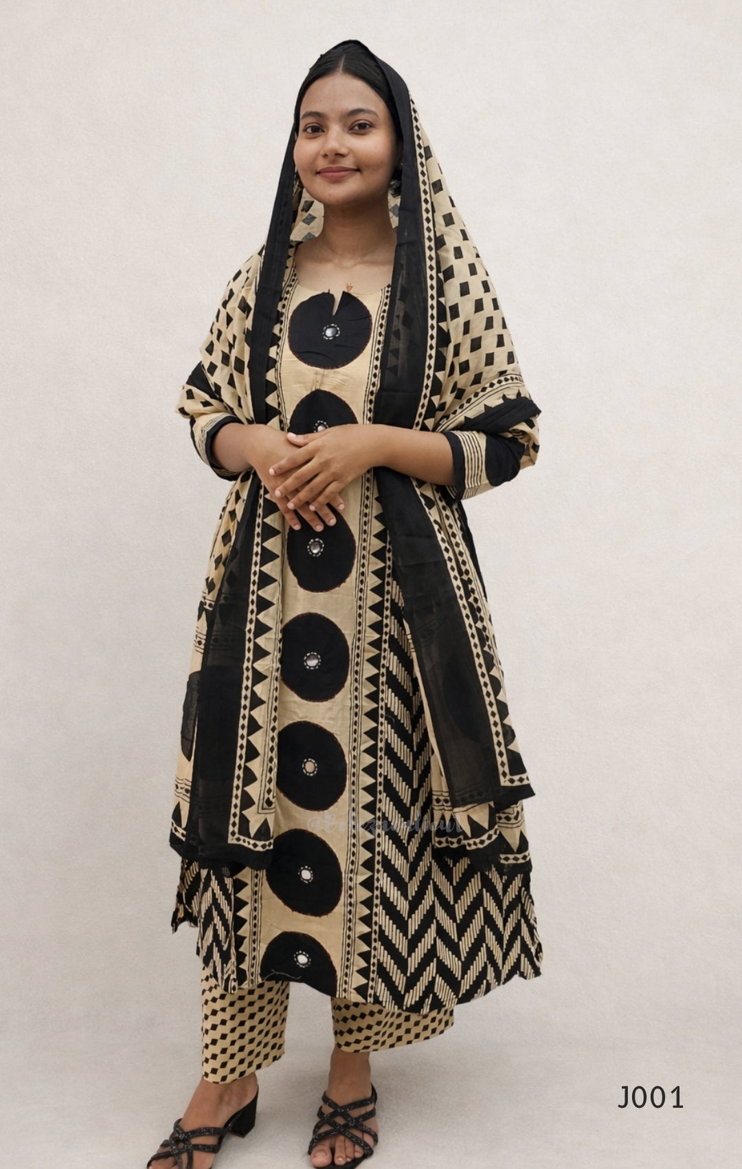 Beige & Black Cotton Printed Straight Kurta Set with Dupatta