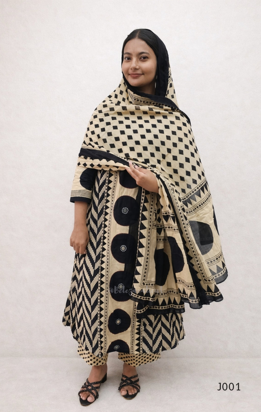 Beige & Black Cotton Printed Straight Kurta Set with Dupatta