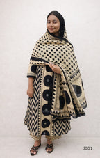 Beige & Black Cotton Printed Straight Kurta Set with Dupatta